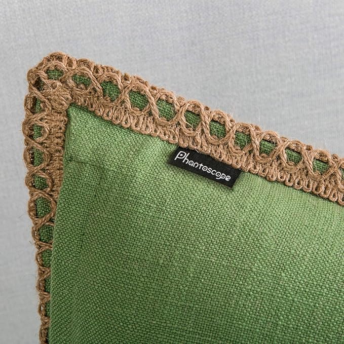 Phantoscope Pack of 2 Farmhouse Decorative Throw Pillow Covers Burlap Linen Pillow Covers Trimmed Tailored Edges Green 18 x 18 inches, 45 x 45 cm