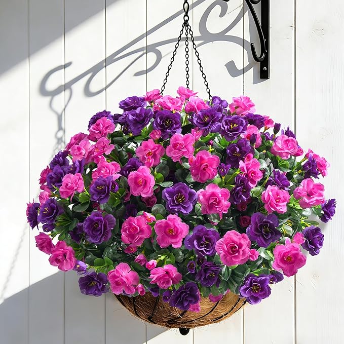 Artificial Faux Outdoor Flowers Plants for Spring Summer Decoration, Fake Silk Camellia UV Resistant Look Real for Planter Outside Front Door Porch Patio Balcony, 3 Large Bundles (Purple+Fuchsia)