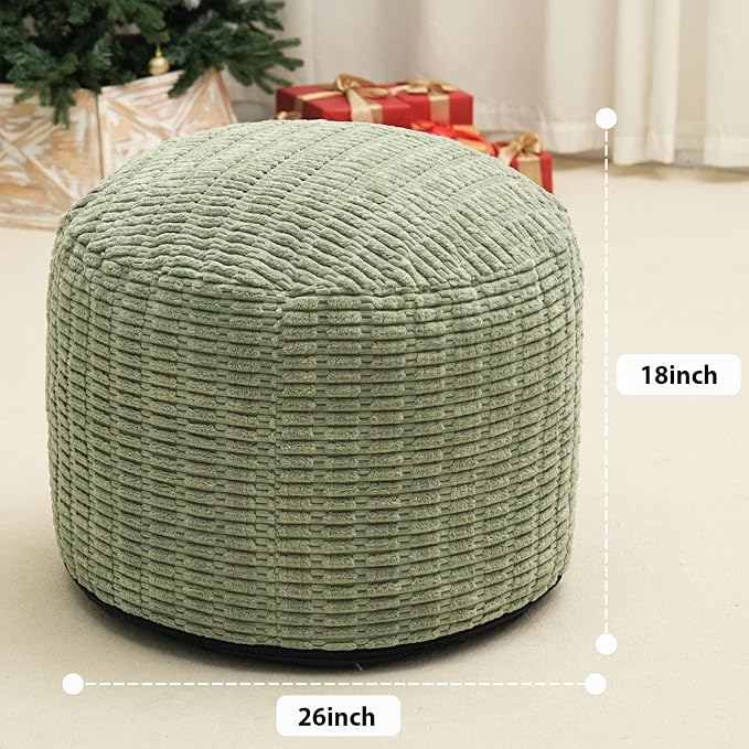 Round Stuffed Pouf Ottoman for Foot Rest, Storage Ottoman Pouf Foot Stool Cushion, Faux Fur Poufs with Foam Chunk Filling, 26 X 18 Inch Floor Chair for Living Room Bedroom Home Decor, Green