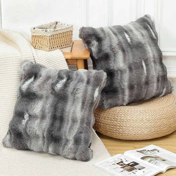 MADIZZ Pack of 2 Thick Plush Faux Wool Throw Pillow Covers Soft Boho Throw Pillows Luxurious Cushion Covers for Couch Sofa Bedroom Living Room Home Decor 20x20 Inch Dark Grey