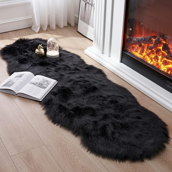 Faux Fur Rug for Bedroom, Fluffy Runner Rugs Soft Sheepskin Rug Sofa Couch Seat Cushion, 2x6ft Black Plush Area Rug Shag Rugs Floor Carpets for Nursery Bedside, Cute Shaggy Fuzzy Home Decor