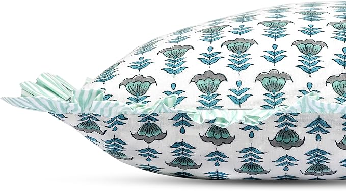 Ridhi Block Print Aquamarine Blue Throw Pillow Cover 18" x 18" (Pack of 2) Decorative Cushion Covers with Ruffle for Couch, Sofa, Bed, Living Room, Home Decor Gift for Spring, Easter, Valentine