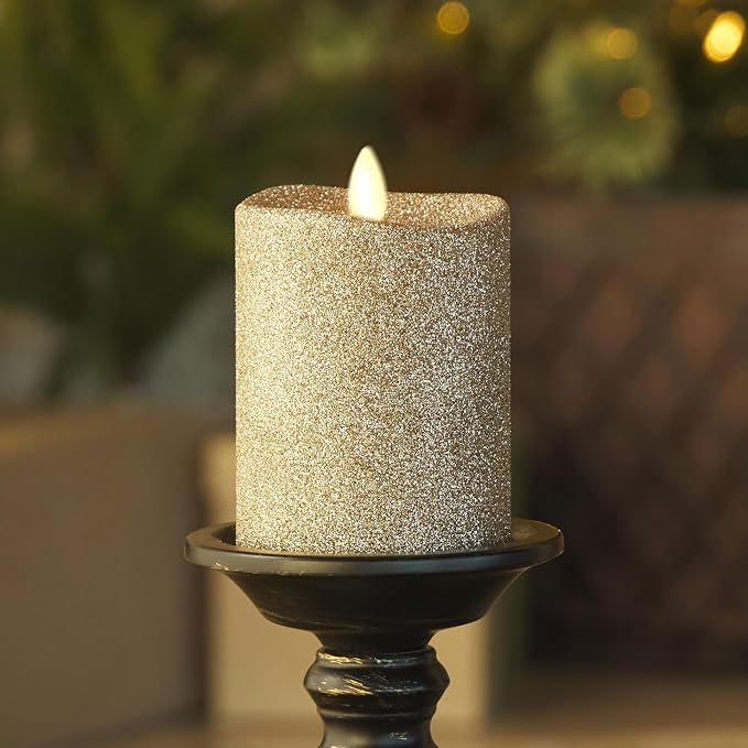 Luminara Realistic LED Moving Flame Pillar Candle, Gold Metallic Glitter, 3" x 4.5" Inch, Battery Operated w/Remote, Indoor Outdoor, Timer Function