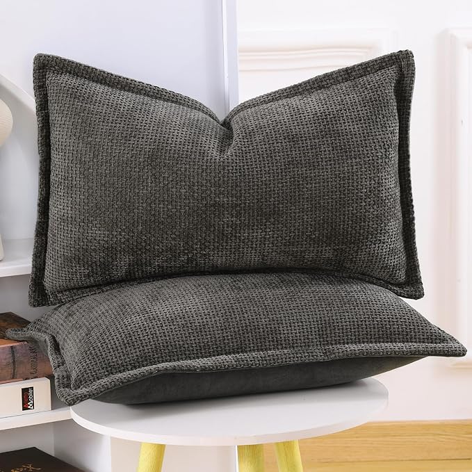 MADIZZ Decorative Chenille Velvet Throw Pillow Covers Set of 2 Soft Boho Textured Neutral Couch Throw Pillow for Bed Modern Farmhouse Home Decor for Sofa Livingroom Dark Taupe 12x20 Inch