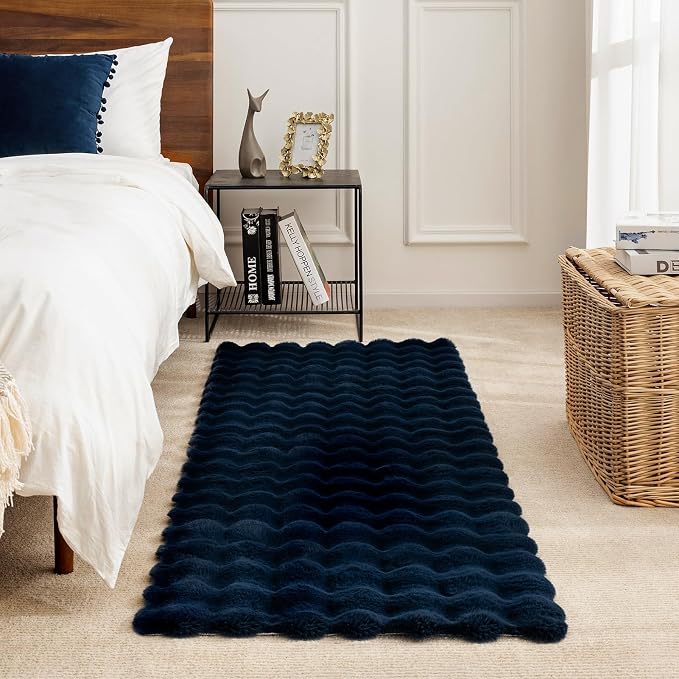 Ashler Faux Rabbit Fur Rug, Dark Blue 5x7 FT Fluffy Soft Area Rugs, Rectangle Fuzzy Carpet for Living Room, Bedroom, Machine Washable - 3D Bubble Rug
