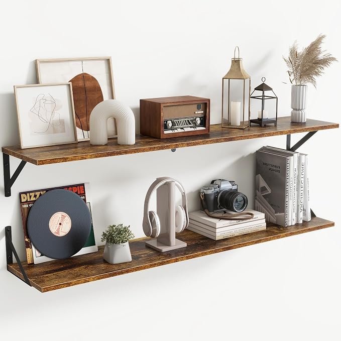 Acovy Floating Shelves for Wall,48" Wx8 D Wood Wall Shelves,Hanging Storage Floating Shelf with Metal Brackets,Wide Floating Bookshelf for Living Room,Office,Bedroom,Bathroom,Set of 2,Rustic Brown