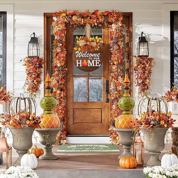 Interchangeable Welcome Sign for Front Door with 4 Seasonal Wreaths and 14 Changeable Icons, Farmhouse Front Door Signs, Door Decoration Porch Decor, Seasonal Wooden Home Sign home décor (6wood)