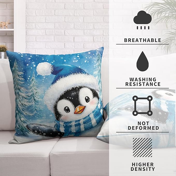 Set of 2 Lovely Penguin Pillow Case 22x22 Winter Decorative Throw Pillow Covers for Holiday Decorations Couch Outdoor Living Room Blue Winter Cotton Linen Cushion Case
