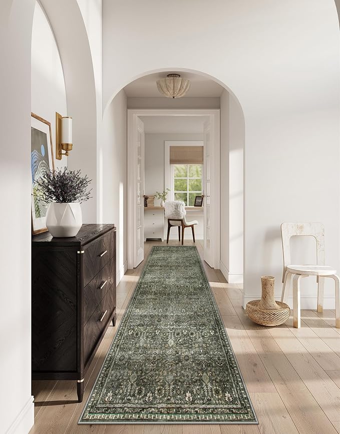 Lahome Dark Green Runner Rug Non Slip, 2x10 Runner Rug for Hallway Kitchen | 10ft Rubber Backed Non Slip Non Shedding Carpet for Entryway Back Sliding Door