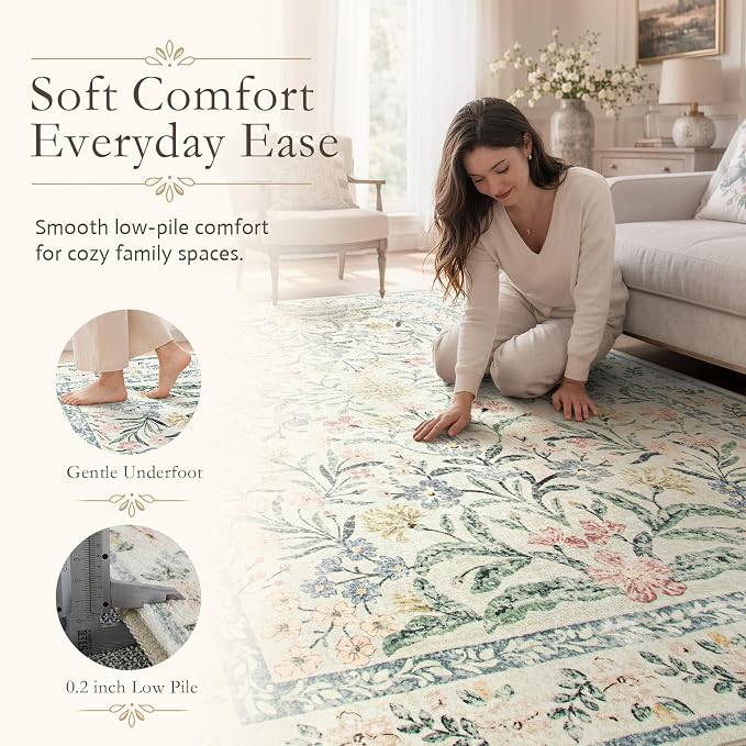Wonnitar Floral Round Rugs 6ft, Boho Large Machine Washable Circle Rug, Low Pile Soft Flower Botanical Print Beige Round Carpet for Living Room Bedroom Dorm Sunroom