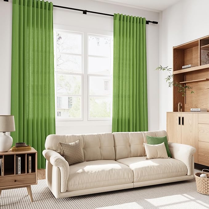 Lime Green Linen Curtains 84 Inches Long, Back Tab Light Filtering Semi Sheer Privacy Drapes for Living Room & Bedroom Simple Style, 52x84 inch, 2 Panels