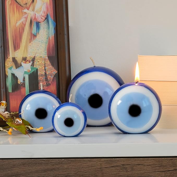 BCS Blue Evil Eye Candle - Nazar Home Decor - Handmade Unscented Premium Candles for Home & Office Vela Ojo Turco - 3.95 inches (Large) Blue