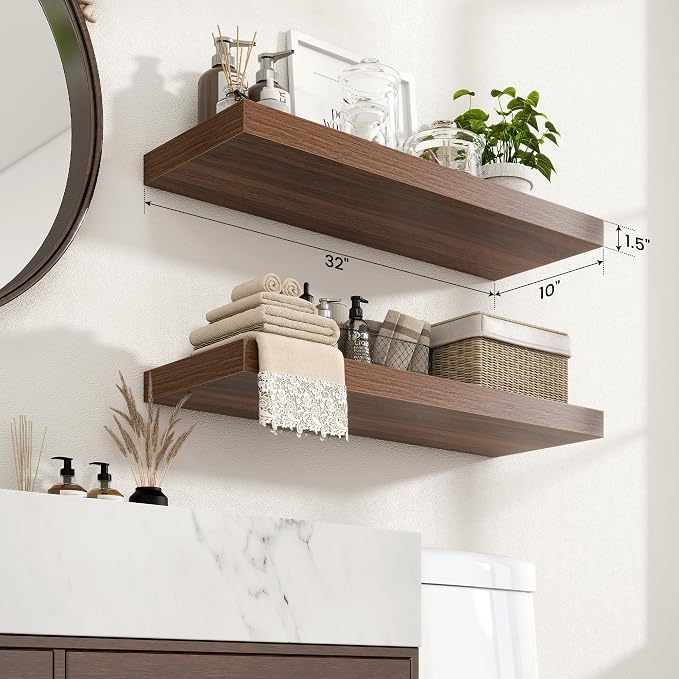 Axeman 32Inch Floating Shelves for Wall, 2 Pack Shelves for Bedroom, Bathroom, Kitchen, Hanging Wall Mounted Rustic Wood Shelf with Invisible Brackets for Books Decor, Walnut