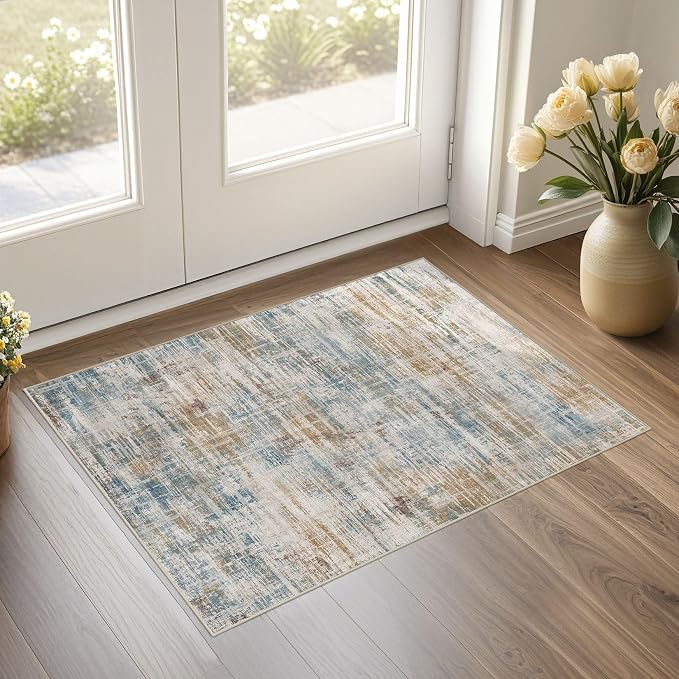 UERMEI 2x3 Washable Entryway Area Rug: Neutral Abstract Small Floor Carpet Soft Low Pile Non Slip Indoor Door Mat for Kitchen Hallway Stain Resistant for Pets and Kids Room Blue Brown
