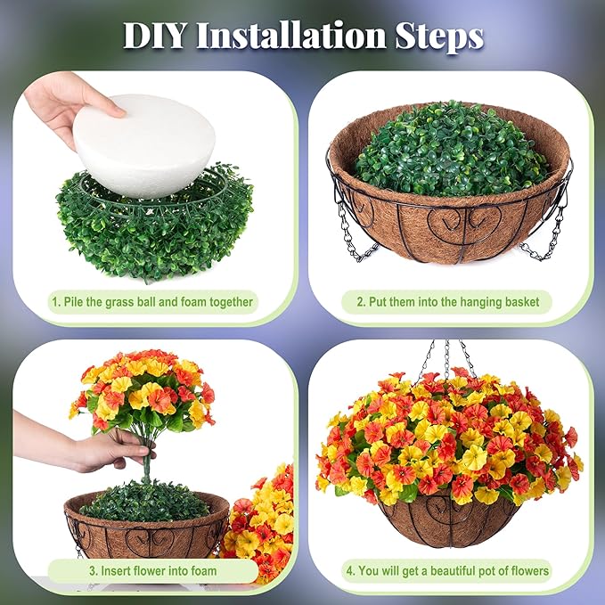 Ammyoo Artificial Hanging Flowers with Basket, Faux Silk Petunias Flower Arrangement, Coconut Lining with Morning Glories Fake Plants Patio Garden Porch Deck Fall Decor(Orange Yellow)