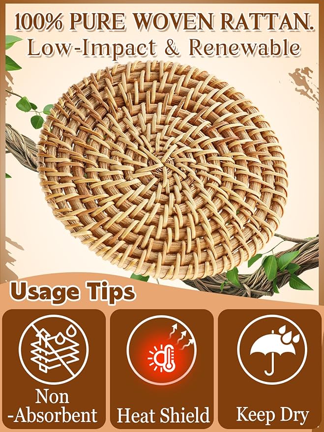 6pcs Natural Handmade Rattan Coasters with Holder - Wicker Drink Coasters Set for Protecting Table, Housewarming Gifts Boho Home Coastal Decor
