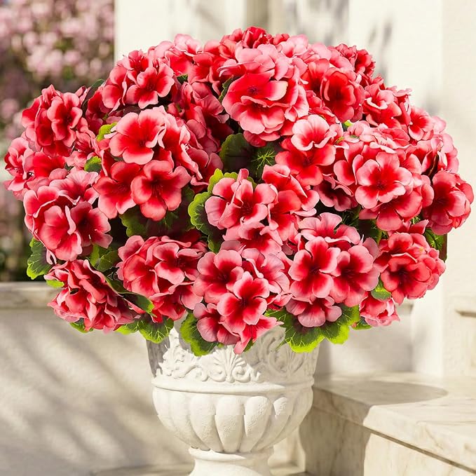 lovemoon 16 Pcs Artificial Geranium Plant Realistic Silk Flowers for Outside UV Resistant Faux Geraniums Flowers for Indoor Outdoor Home Garden Office Decoration (16, Peach)