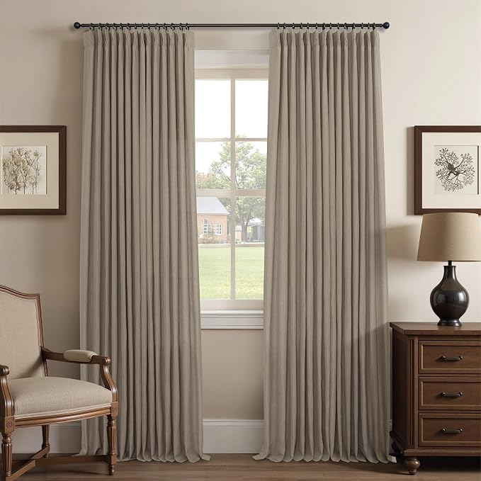 Dark Taupe Greige Curtains 90 Inch Length for Bedroom 2 Panels Pinch Pleat Back Tab Burlap Cloth Canvas Lightweight Semi Sheer Brown Pleated Linen Drapes for Living Room Long Coffee Camel Cottage Core