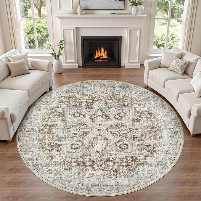 Tortania 5' Round Area Rug Living Room Rugs - Washable Boho Rug Vintage Oriental Distressed Farmhouse Large Thin Indoor Carpet for Bedroom Under Dining Table Home Office - Brown Blue