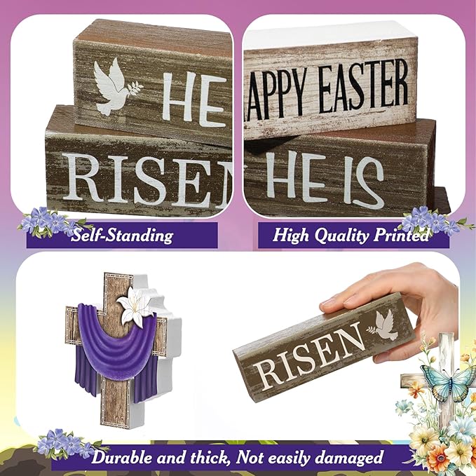 Yuntau 4 Pcs Easter Decorations He Is Risen Wooden Sign Christian Table Centerpiece Religious Cross Tiered Tray Decor Decorative Faux Book Stack Block for Table Fireplace Mantel Floating Shelf