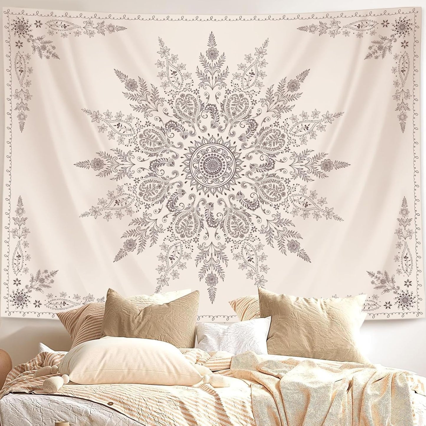 Lunerfex Boho Floral Tapestry Mandala Wall Tapestry, Cute Tapestries for Bedroom Beige Flower Tapestries Wall Hanging for Bedroom Living Room Decor Beige-2 44"x60"