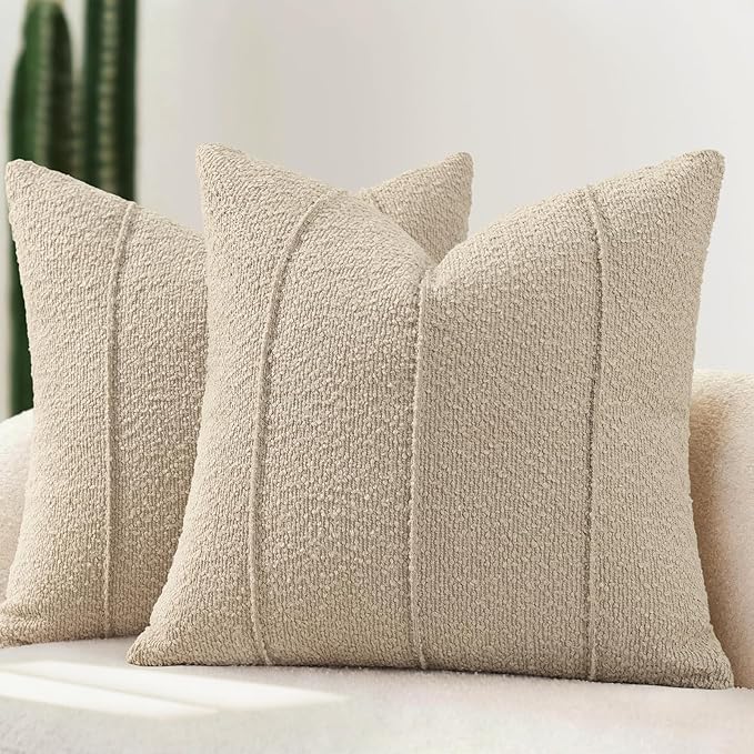 YCOLL Textured Boucle Throw Pillow Covers 22x22 Pack of 2 - Soft Neutral Striped Cushion Covers, Cozy Accent Decorative Pillow Covers for Couch, Sofa, Bed, Living Room (Oatmeal)