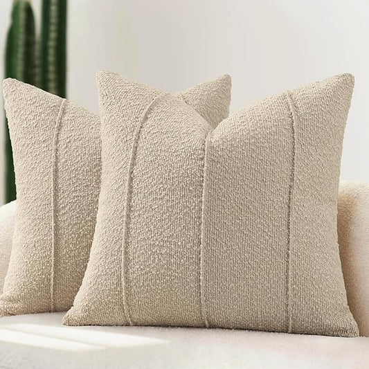 YCOLL Textured Boucle Throw Pillow Covers 20x20 Pack of 2 - Soft Neutral Striped Cushion Covers, Cozy Accent Decorative Pillow Covers for Couch, Sofa, Bed, Living Room (Oatmeal)