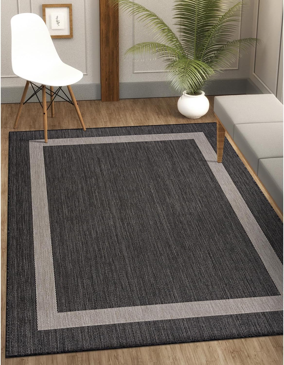 CAMILSON Outdoor Rug 10x14, Large Modern Outside Rugs for Patios Porches Waterproof Durable Washable Non-Shedding, Easy-to-Clean Indoor Outdoor Area Carpet (10 x 14, Bordered - Dark Gray/Light Gray)