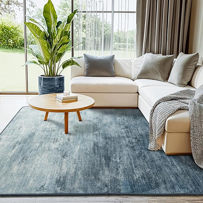 4x6 Washable Area Rug, Blue Solid Area Rugs for Living Room & Bedroom | Stain-resistant & Non-slip backing,Low Pile Washable Large Carpet, Solid Vintage Style For High Traffic Areas(4x6,Blue)