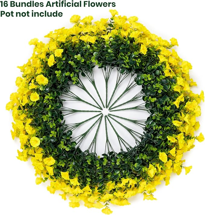 Nigirior Artificial Faux Flowers for Outdoor 16 Bundles Boxwood Fake Morning Glory for Planter,UV Resistant Fake Flowers for Home Porch Patio Outside（Yellow）