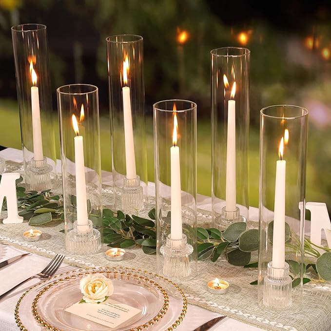 NITIME 9 Set Hurricane Glass Candle Holders for Taper Candles, Candlestick Holders with Windproof Glass Tubes(11.8"/12.6"/13.8" H), Taper Candle Holders for Table Centerpieces, Wedding, Party Decor