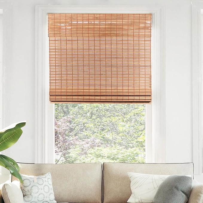 CHICOLOGY Bamboo Roman Shade, Cordless Light Filtering Woven Wood Window Treatment for Living Room, Dining Room, Kitchen & Office, Natural Bamboo Blinds for Boho Coastal Decor, Squirrel, 28"W x 64"H