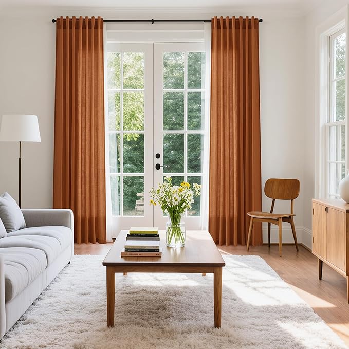 Nanspring Desert Orange Linen Curtains 90 Inch for Living Room Rod Pocket Back Tab Window Drapes Light Filtering Modern Farmhouse Curtain 90 Inches Long for Bedroom 52x90,2 Panels