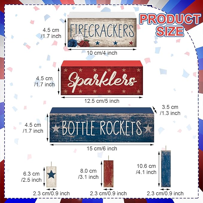 CroBlissful 4 Pcs 4th of July Decorations Patriotic Memorial Day Tabletop Decorations Red White Blue Table Centerpieces Sign for Office Tiered Tray Home Shelf 250th Anniversary(Firecrackers)