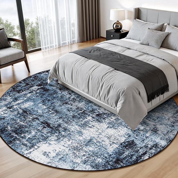 Rugflix Round Area Rugs 8Ft for Living Room, Washable Circle Rug Stain-Resistant Low Pile, Modern Dark Carpet for Bedroom Dining Room Home Office Kid Nursery Room, Navy Blue/Black