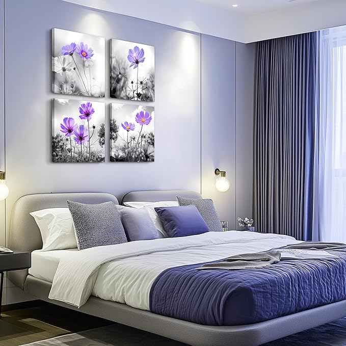 Wall Art For Living Room Black and White purple flower Canvas Wall Decor for Home Decor artwork painting 12" x 12" 4 Pieces Canvas Print For bedroom Decor Modern Salon kitchen Still Life Painting