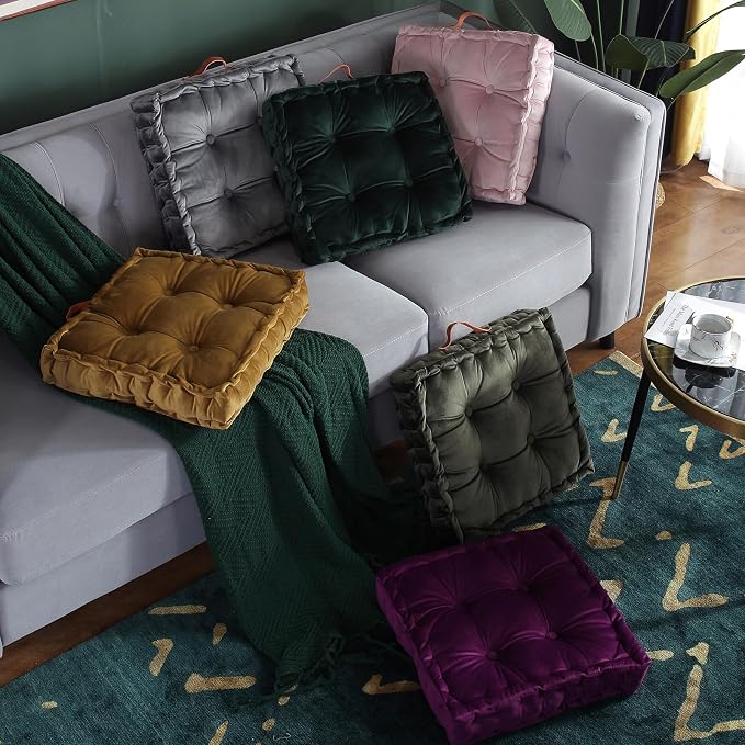 vctops Square Solid Color Velvet Seat Cushion with Handle Tufted Thicken Chair Pad Tatami Floor Pillow Cushion 16.5"x16.5"x4" Purple