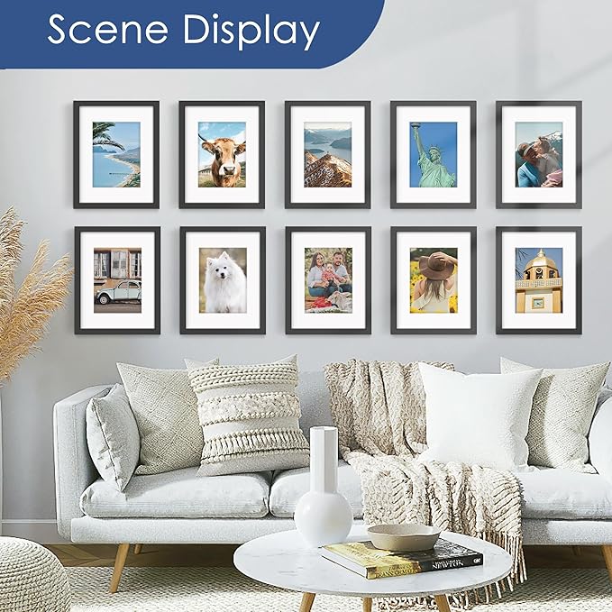 PEALSN 8.5 x 11 Picture Frame Set of 6, Display Pictures 6x8 with Mat or 8.5 x 11 without Mat for Wall Mounting Display, Photo Frames Collage for Wall Decor, Black.