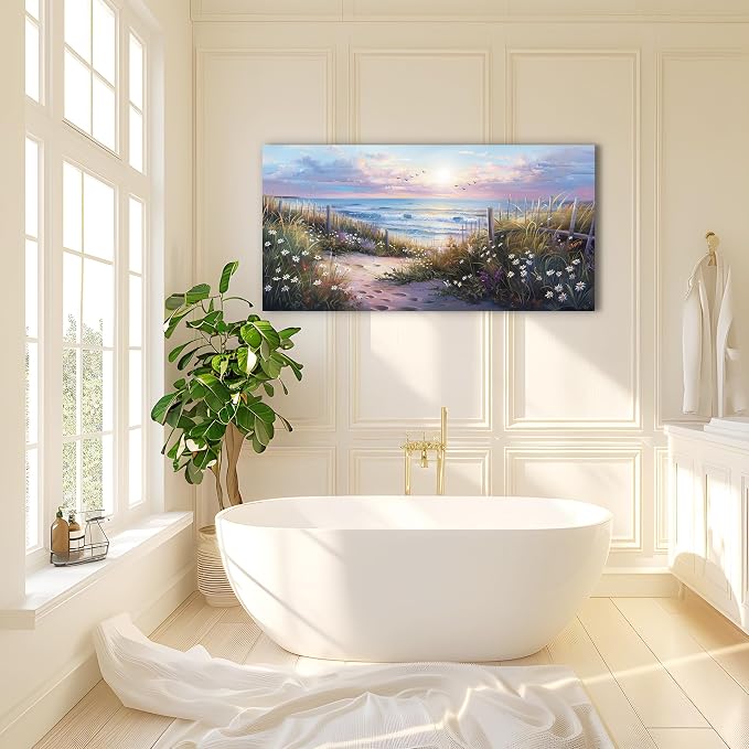 hyidecorart Canvas Wall Art For Living Room Wall DecorFor Bedroom Flower Beach Scenery Wall Painting Blue Ocean Pictures Artwork Office Decor Modern Framed Posters Home Decorations 20"X40"
