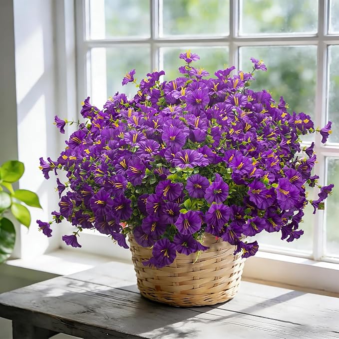 Grunyia Artificial Faux Flowers for Outdoor 16 Bundles Boxwood Fake Morning Glory for Planter,UV Resistant Fake Flowers for Home Porch Patio Outside (Purple)