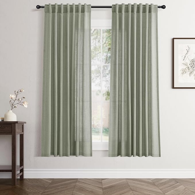 Jowels Sage Green Linen Curtains 63 Inch Long 2 Panels for Living Room | Light Filtering Semi Sheer Curtain, Back Tab Pocket Pleated Look, Boho Farmhouse Textured Privacy Drapes for Bedroom Window
