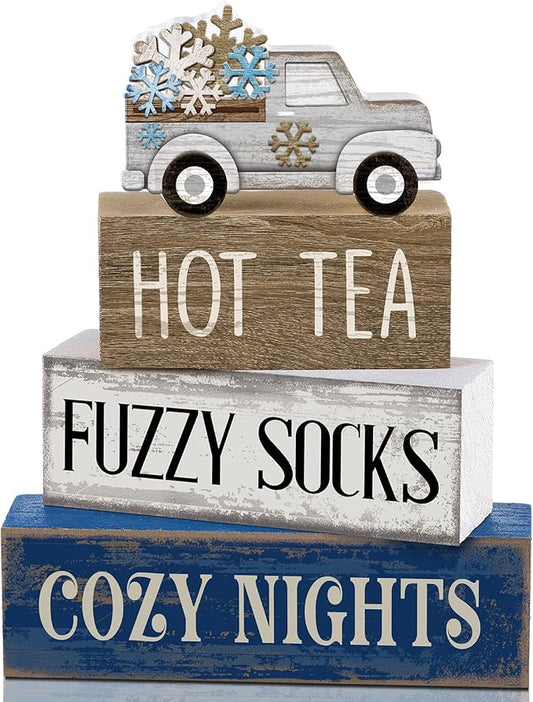 Lineshading 4 Pcs Winter Table Decorations Wooden Snowflake Truck Winter Tiered Tray Decor Christmas Centerpiece Rustic Decorative Truck Block Sign Gift Farmhouse Christmas Decor for Home Kitchen