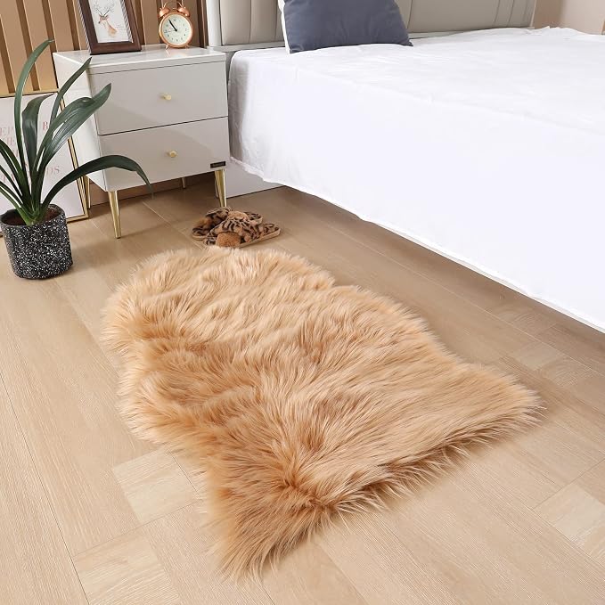 Faux Fur Rug 2 x 3 ft Sheepskin Shaggy Fuzzy Brown Area Rug Super Soft Fluffy Plush Carpet for Bedroom Living Room Sofa Floor Kids Room Bedside