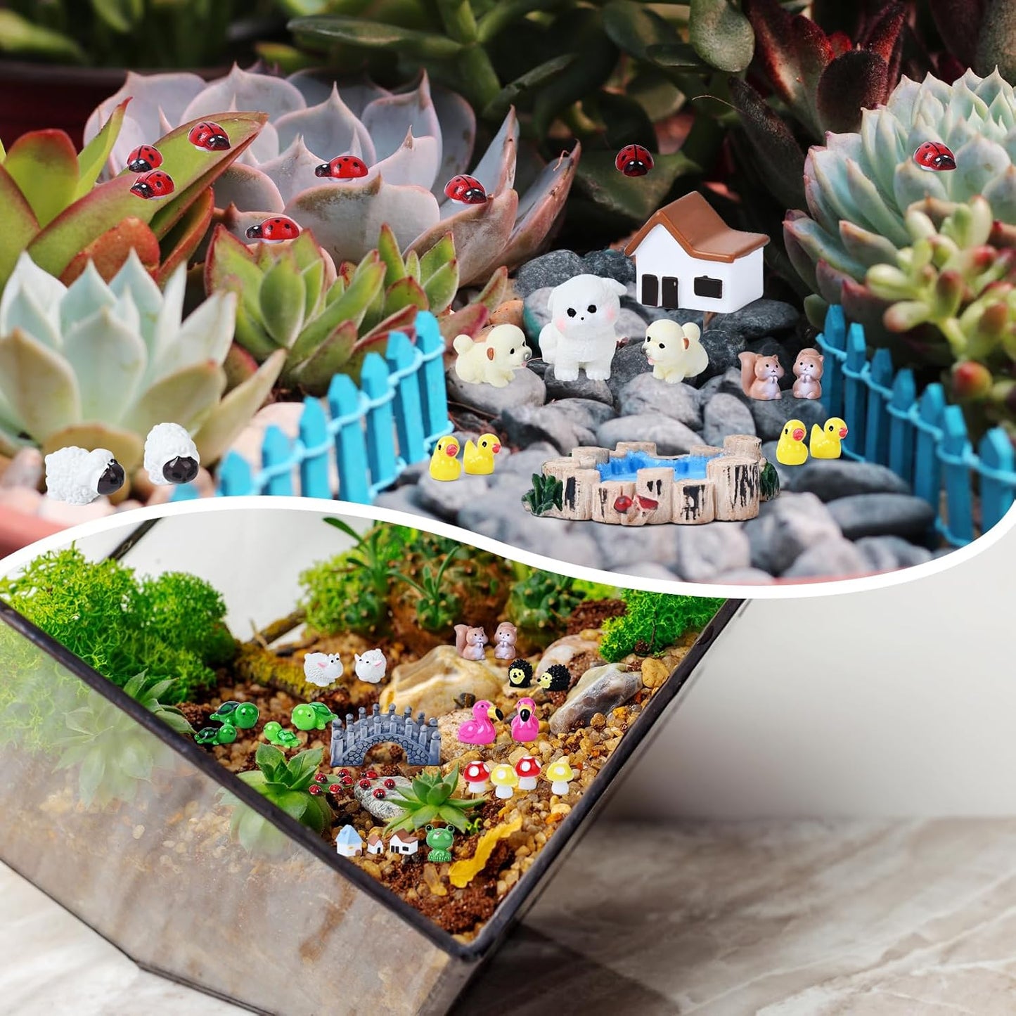 120 Pcs Fairy Garden Accessories, Micro Landscape Ornaments Kit, Mini Resin Animals with Fairy Tiny House for Home Outdoor and Plant House Decor