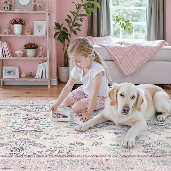 DCX Purple Floral 2x6 Runner Rug, Washable Rug with Flowers Non Slip Backing Hallway Runner Rug Carpet for Entry Office Nursery Soft Low Pile Stain Resistant