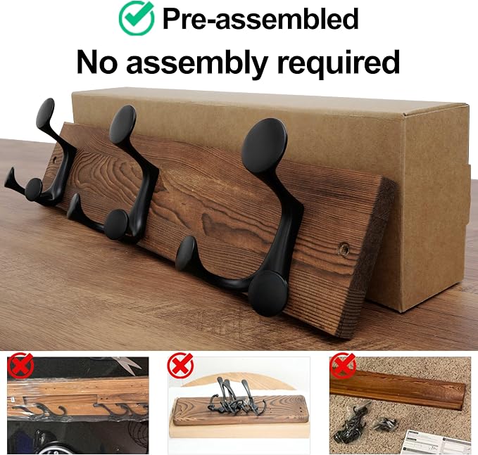 WEBI Coat Rack Wall Mount,17" Solid Wood Coat Hooks Wall Mounted Coat Hanger,16" Hole to Hole,Heavy Duty Hook Rack,3 Triple Hooks for Hanging Coats,Jacket,Hat,Backpack,Farmhouse,Brown