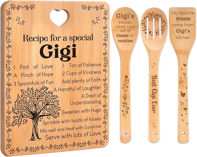 Gigi Gifts - "Recipe for a Special Gigi" Gigi Gifts for Grandma Cutting Board Set, Bamboo-Made Engraved Utensil Set Gifts for Gigi Cutting Board, Mothers Day Gifts for Gigi.