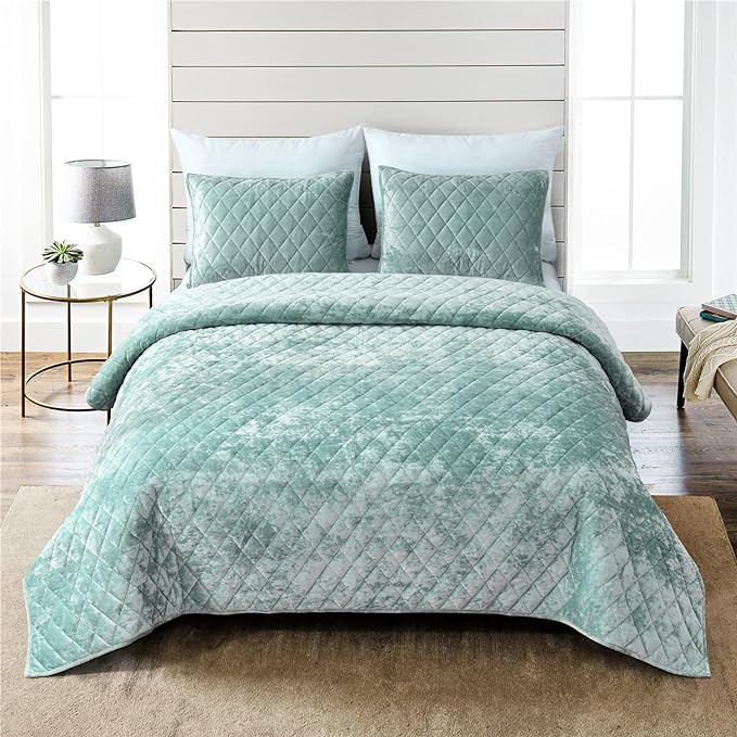 Fredsure Distressed Velvet Quilt Set, 3 Pieces Sage Green Queen, Distressed Velvet Face and Brushed Microfiber Reverse, with Diamond Quilting