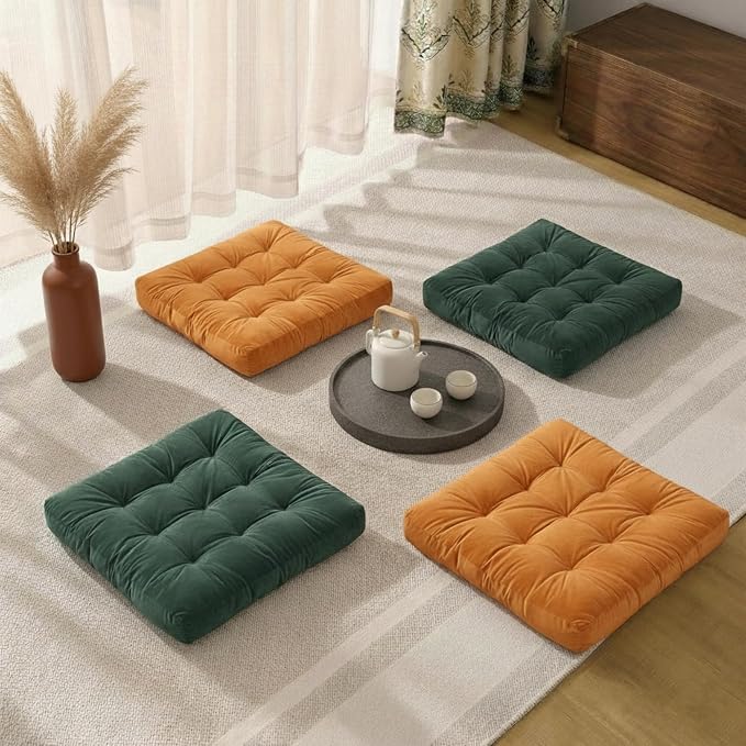 Floor Pillow for Adults, Soft Velvet Floor Cushion for Sitting, Single Square Tufted Floor Pillow for Reading Nook, Living Room, Bedroom, 22 x 22 Inch, Orange