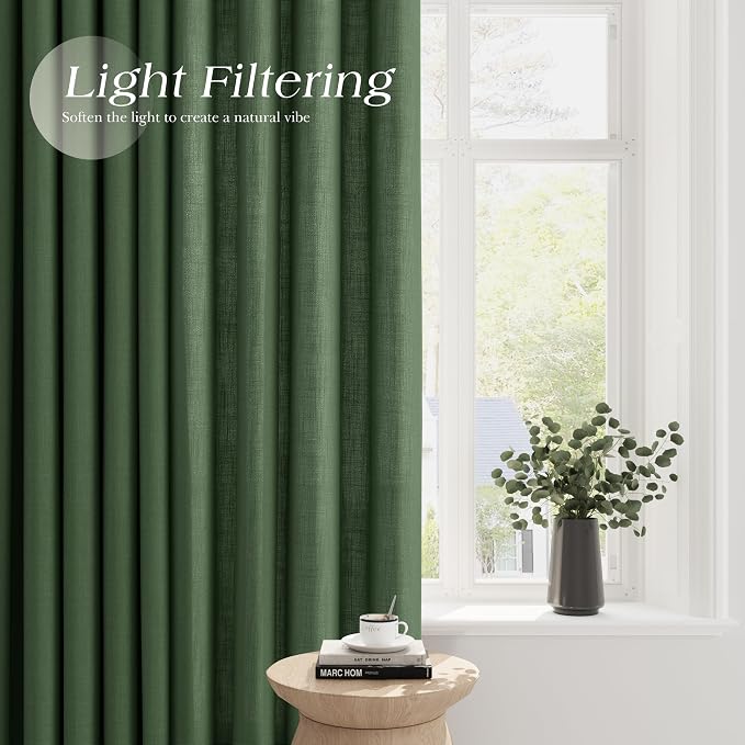 Nanspring Olive Green Linen Curtains 108 Inch Length 2 Panel Set for Living Room Grommet Light Filtering Semi Sheer Drapes Farmhouse Country Privacy Decor Floor to Ceiling Curtain for Bedrooom 52x108